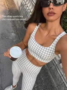 Fluxe Women's Plaid Sleeveless Cropped Tank Top And Slim Fit Long Pants 2 Pieces Sports Set - Grey - View 1
