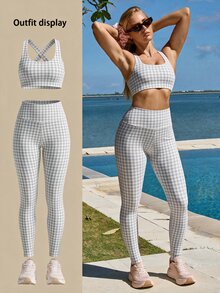 Fluxe Women's Plaid Sleeveless Cropped Tank Top And Slim Fit Long Pants 2 Pieces Sports Set - Grey - View 9