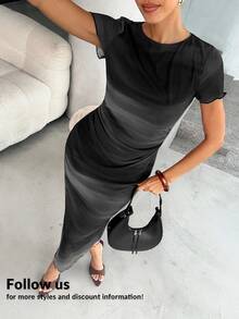 Women's Fashionable Printed Short Sleeve Dress, Spring/Summer,Black Dress For Women Brunch Sexy Elegant - Black - View 3