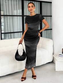 Women's Fashionable Printed Short Sleeve Dress, Spring/Summer,Black Dress For Women Brunch Sexy Elegant - Black - View 5