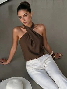 Lavishia Women's Solid Color Criss-Cross Halter Neck Top For Vacation - Coffee Brown - View 3