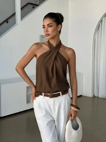 Lavishia Women's Solid Color Criss-Cross Halter Neck Top For Vacation - Coffee Brown - View 2
