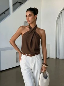 Lavishia Women's Solid Color Criss-Cross Halter Neck Top For Vacation - Coffee Brown - View 4