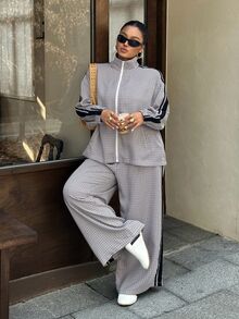 Muchica Plus Size Women's Plaid Side Stripe Zipper Front Jacket And Pants Casual 2 Pieces Set - Multicolor - View 4
