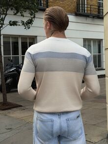 Alexgilka Alexgilka 男士条纹撞色毛衣，适合秋冬 - 卡其色 - 查看 3