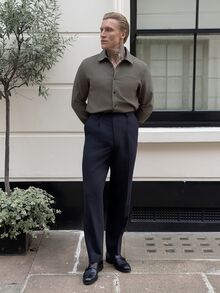 Alexgilka Alexgilka 男士純色亞麻休閒長袖領口襯衫，適合外出，鼠尾草綠正裝襯衫，深綠色男士襯衫，男士綠色襯衫，秋季，正式 - 軍綠色 - 查看 4