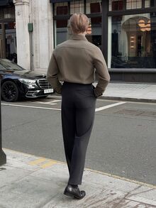 Alexgilka Alexgilka 男士純色亞麻休閒長袖領口襯衫，適合外出，鼠尾草綠正裝襯衫，深綠色男士襯衫，男士綠色襯衫，秋季，正式 - 軍綠色 - 查看 3