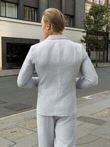Alexgilka Alexgilka 男士灰白條紋紋理西裝套裝，夏季休閒商務正式長袖西裝外套與長褲，優雅細條紋舞會套裝，老錢風，儀式感 - 灰色 - 查看 5