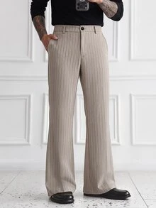 HUEFORM Men's Old Money Grey & Black Striped Slightly Flared Long Pants,The Fabric Has A Premium Feel; Suitable For Everyday Outings - Khaki - View 3