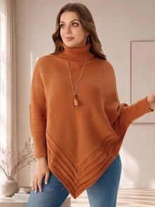 Rosumi Plus Size Women's Autumn/Winter High Neck Cape Asymmetrical Hem Pullover Knit Solid Color Brown Poncho-Style Pullover Sweater,Fall,Knit Top,Casual - Rust Brown - View 2