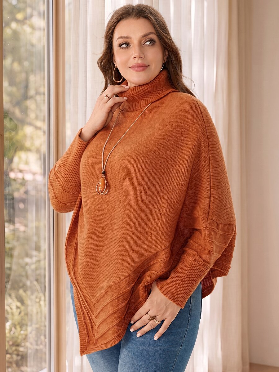 Rosumi Plus Size Women's Autumn/Winter High Neck Cape Asymmetrical Hem Pullover Knit Solid Color Brown Poncho-Style Pullover Sweater,Fall,Knit Top,Casual - Rust Brown - View 1