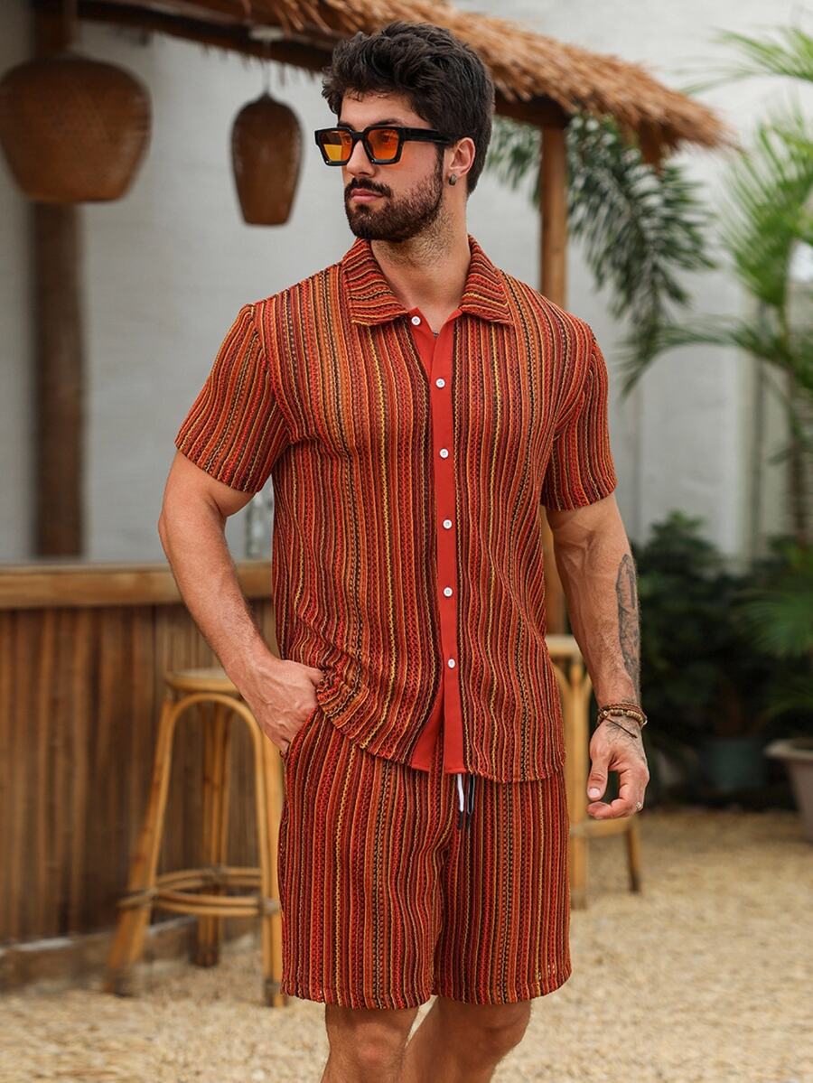 VENTUSAIL Men's Red Orange Striped Boho Beach Holiday Summer Vacation 2 Pieces Outfits, Short Sleeve Button Up Shirt & Drawstring Shorts Set, Retro Resort Wear - Multicolor - View 1