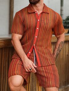 VENTUSAIL Men's Red Orange Striped Boho Beach Holiday Summer Vacation 2 Pieces Outfits, Short Sleeve Button Up Shirt & Drawstring Shorts Set, Retro Resort Wear - Multicolor - View 4
