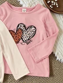 SHEIN Baby Girl Toddler 3 Pack Long Sleeve Tee Shirt Top Heart Leopard Letter Graphic Print Crew Neck Multipack Casual Fall - Multicolor - View 4