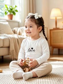 SHEIN Baby Girl Toddler 3 Pack Long Sleeve Tee Shirt Top Heart Leopard Letter Graphic Print Crew Neck Multipack Casual Fall - Multicolor - View 6