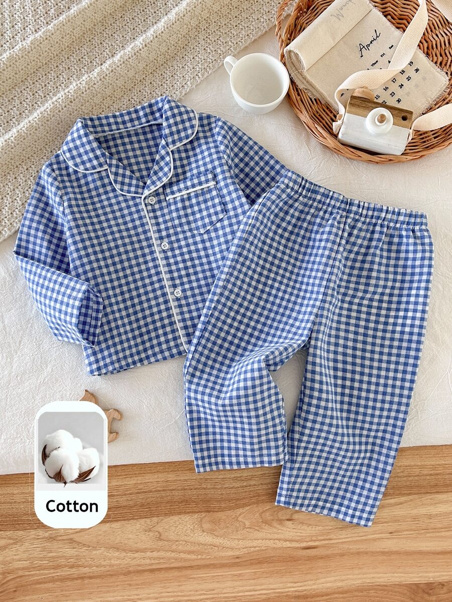 SHEIN Baby Boy Plaid Long Sleeve Single-Breasted Top And Pants Casual Loungewear - Blue and White - View 1