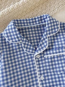 SHEIN 男嬰格紋長袖單排扣上衣與長褲休閒居家服 - 藍白色 - 查看 4
