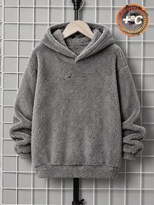 SHEIN Kids Tween Boy Plush Hooded Sweatshirt With Letter , Loose Fit, Suitable For Autumn/Winter School, Sports, Outings And Gatherings, All-Match Versatile - Grey - View 7
