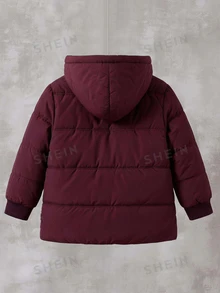 SHEIN 1件男童冬季酒紅色簡約休閒純色單排扣抓絨內裡連帽長袖加厚外套，寬鬆版型，舒適，適合日常外出、學校活動、戶外玩耍、節日聚會、拍照 - 酒紅色 - 查看 3