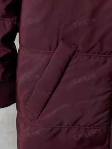 SHEIN 1件男童冬季酒紅色簡約休閒純色單排扣抓絨內裡連帽長袖加厚外套，寬鬆版型，舒適，適合日常外出、學校活動、戶外玩耍、節日聚會、拍照 - 酒紅色 - 查看 5