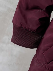 SHEIN 1件男童冬季酒紅色簡約休閒純色單排扣抓絨內裡連帽長袖加厚外套，寬鬆版型，舒適，適合日常外出、學校活動、戶外玩耍、節日聚會、拍照 - 酒紅色 - 查看 7