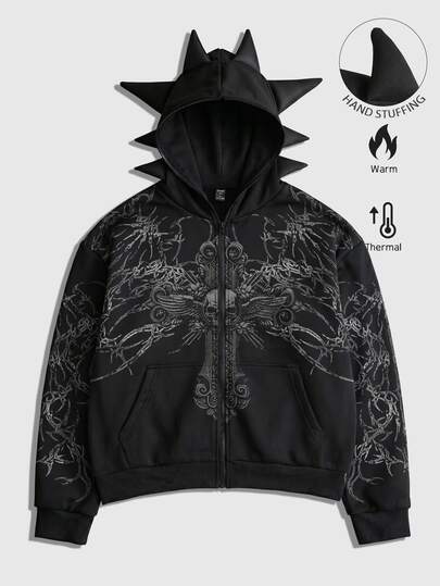 Men's Asymmetrical Antenna Hat Print Loose Sweatshirt Streetwear