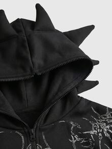 ROMWE MEN Men's Asymmetrical Antenna Hat Print Loose Sweatshirt Streetwear - Black - View 2