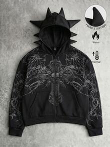 ROMWE MEN Men's Asymmetrical Antenna Hat Print Loose Sweatshirt Streetwear - Black - View 1