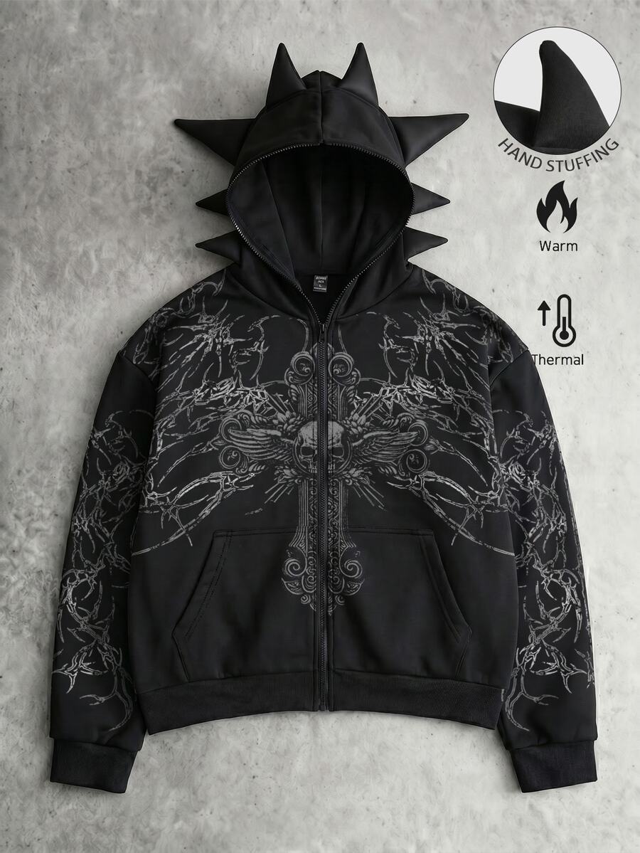 ROMWE MEN Men's Asymmetrical Antenna Hat Print Loose Sweatshirt Streetwear - Black - View 1