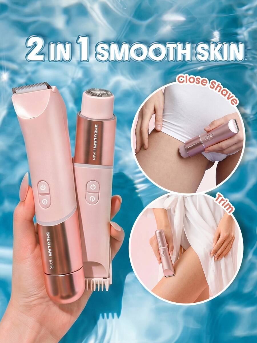 SHEGLAM HAIR Smooth Moves 雙頭電動比基尼修剪器，女士電動刮鬍刀，快速、溫和、順滑，IPX7 防水，內建 LED 燈，乾剃/濕剃，不刮傷/割傷，不引起毛髮倒生，不灼傷皮膚，通用電壓，適用於腿部、腋下、比基尼區域、臉頰、上唇、下巴等部位。 化妝品 假期 配件 粉紅色的 梳子 秋天 - 粉色 - 查看 1