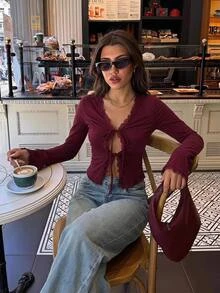 Aloruh American Style Spicy Girl Burgundy Deep V Neck Tie Long Sleeve T-Shirt,Lace Ruffles,Office, Commute,Date,Christmas,New Year,Y2K,Going Out Tops,Fall - Burgundy - View 3