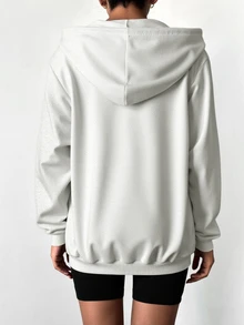 EURMUSE 100%Cotton Ladies' Solid Color Drop Shoulder Zipper Open Front Drawstring Hoodie - White - View 2