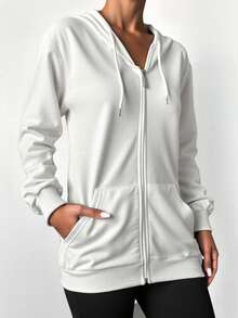 EURMUSE 100%Cotton Ladies' Solid Color Drop Shoulder Zipper Open Front Drawstring Hoodie - White - View 5