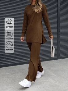 EURMUSE طقم نسائي كاجوال من قطعتين للخريف بلون سادة، تي شيرت بياقة دائرية وأكتاف منسدلة وأكمام طويلة مضلع مع بنطال - شوكولاته بني - مشاهدة 1