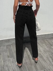 EURMUSE Paperbag Waist Mom Fit Jeans - Black - View 2