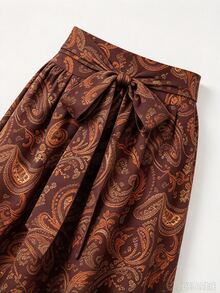 Linhara CURVE Fashionable Printed Commuter Wide Waist Tie A-Line Skirt Plus Size Women Brown Autumn/Winter - Brown - View 4