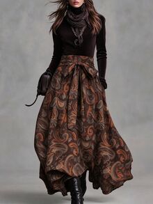 Linhara CURVE Fashionable Printed Commuter Wide Waist Tie A-Line Skirt Plus Size Women Brown Autumn/Winter - Brown - View 1