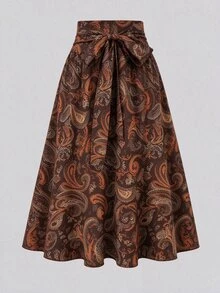 Linhara CURVE Fashionable Printed Commuter Wide Waist Tie A-Line Skirt Plus Size Women Brown Autumn/Winter - Brown - View 3
