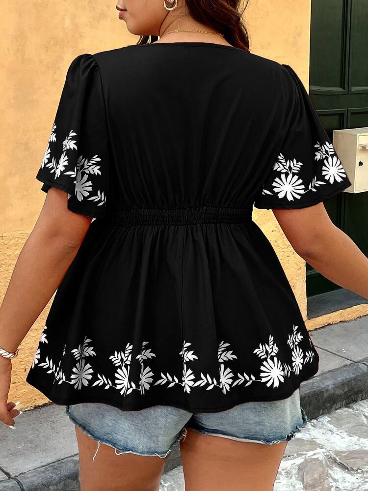 Nubod Plus Size Casual Printed & Embroidered Floral Trim Waist Gathered Collar Blouse Summer Clothes Women Summer Shirts - Black - View 2