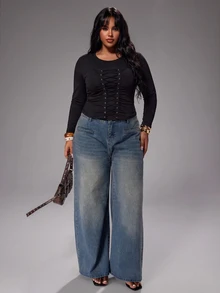 Rustia Plus Size Long Sleeve Fitted T-Shirt Top With Cinched Waist, Autumn/Winter Fall - Black - View 4