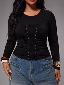 Rustia Plus Size Long Sleeve Fitted T-Shirt Top With Cinched Waist, Autumn/Winter Fall - Black - View 3