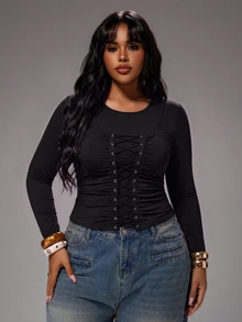 Rustia Plus Size Long Sleeve Fitted T-Shirt Top With Cinched Waist, Autumn/Winter Fall - Black - View 5