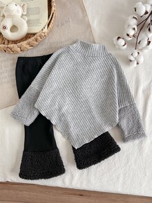 SHEIN 2pcs Toddler Girl Sweater Pants Set Sweet Gray 3D White Flower Fuzzy Ribbed Long Sleeve Mock Neck Thick Party Winter Princess Ballet Sherpa Christmas - Multicolor - View 2