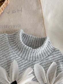 SHEIN 2pcs Toddler Girl Sweater Pants Set Sweet Gray 3D White Flower Fuzzy Ribbed Long Sleeve Mock Neck Thick Party Winter Princess Ballet Sherpa Christmas - Multicolor - View 4