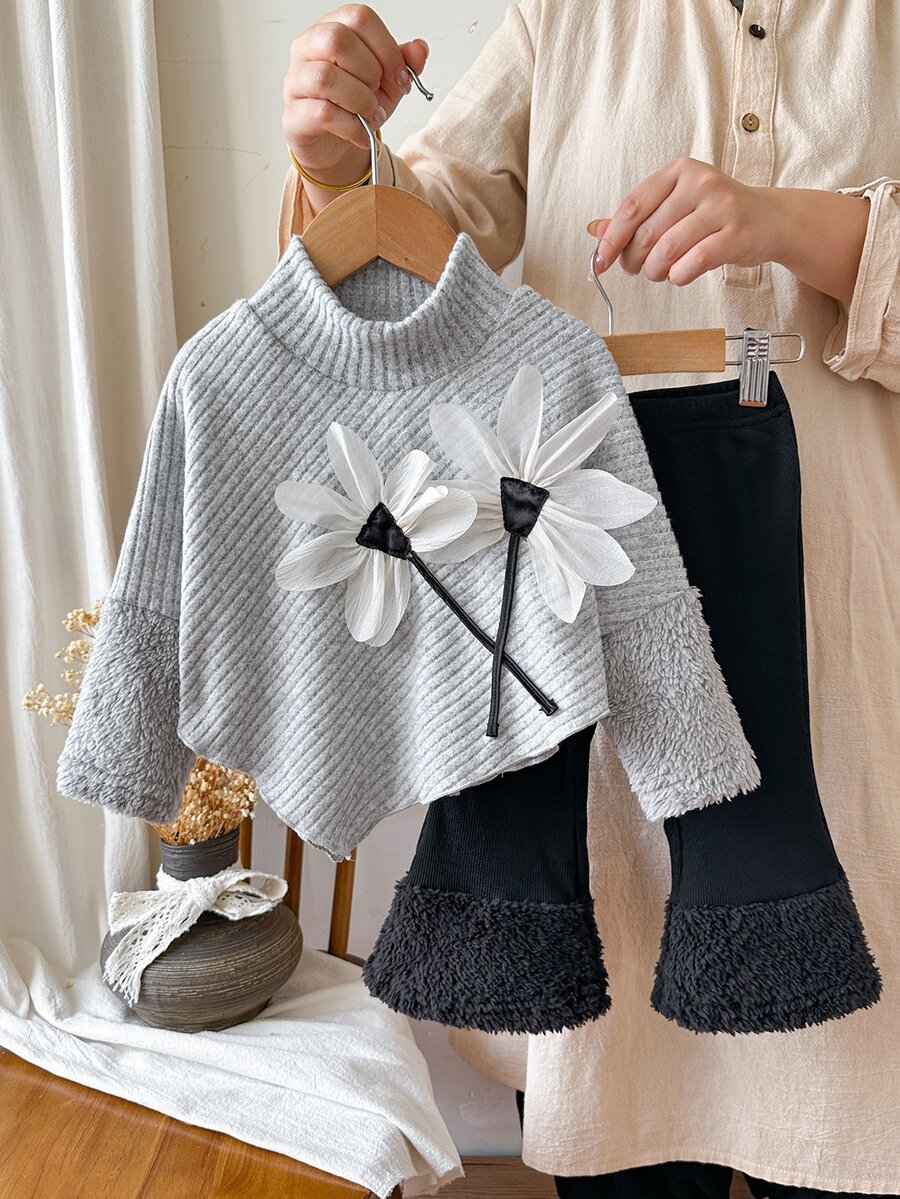 SHEIN 2pcs Toddler Girl Sweater Pants Set Sweet Gray 3D White Flower Fuzzy Ribbed Long Sleeve Mock Neck Thick Party Winter Princess Ballet Sherpa Christmas - Multicolor - View 1