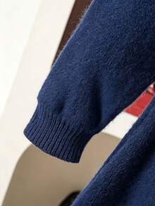 2pcs/Set Tween Girl Sweater Outfit, All Shades Of Brown, Autumn, 80s, Holiday, Back-To-School Crew Neck Pullover & Mini Skirt, Knit Tween Girl Brown Autumn Dress - Navy Blue - View 4