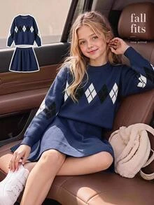 2pcs/Set Tween Girl Sweater Outfit, All Shades Of Brown, Autumn, 80s, Holiday, Back-To-School Crew Neck Pullover & Mini Skirt, Knit Tween Girl Brown Autumn Dress - Navy Blue - View 10
