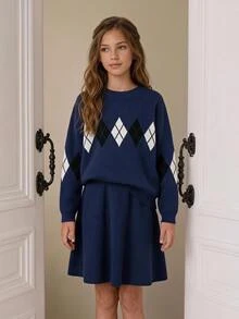 2pcs/Set Tween Girl Sweater Outfit, All Shades Of Brown, Autumn, 80s, Holiday, Back-To-School Crew Neck Pullover & Mini Skirt, Knit Tween Girl Brown Autumn Dress - Navy Blue - View 9