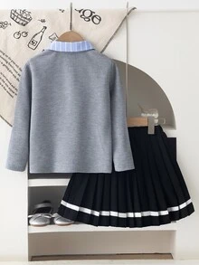 SHEIN Elladie kids 女童針織毛衣百褶裙兩件套 灰色長袖藍白條紋襯衫領黑色領帶 JK 制服 幼兒園秋季 - 灰色 - 查看 3