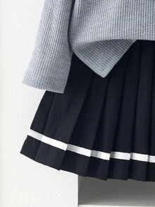 SHEIN Elladie kids 女童針織毛衣百褶裙兩件套 灰色長袖藍白條紋襯衫領黑色領帶 JK 制服 幼兒園秋季 - 灰色 - 查看 5